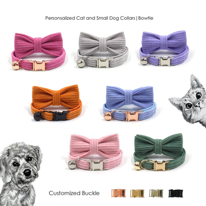Personalised Thick Velvet Stripe Cat Puppy Small Dog Collar with Detachable Bowtie Free Name Engraving