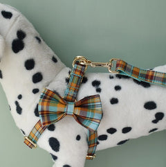 Green Tartan Dog Collar or Leash Set, Personalised Step-In Boy Dog Harness, custom Blue Plaid Collar with Removable Bowtie in Various Combo