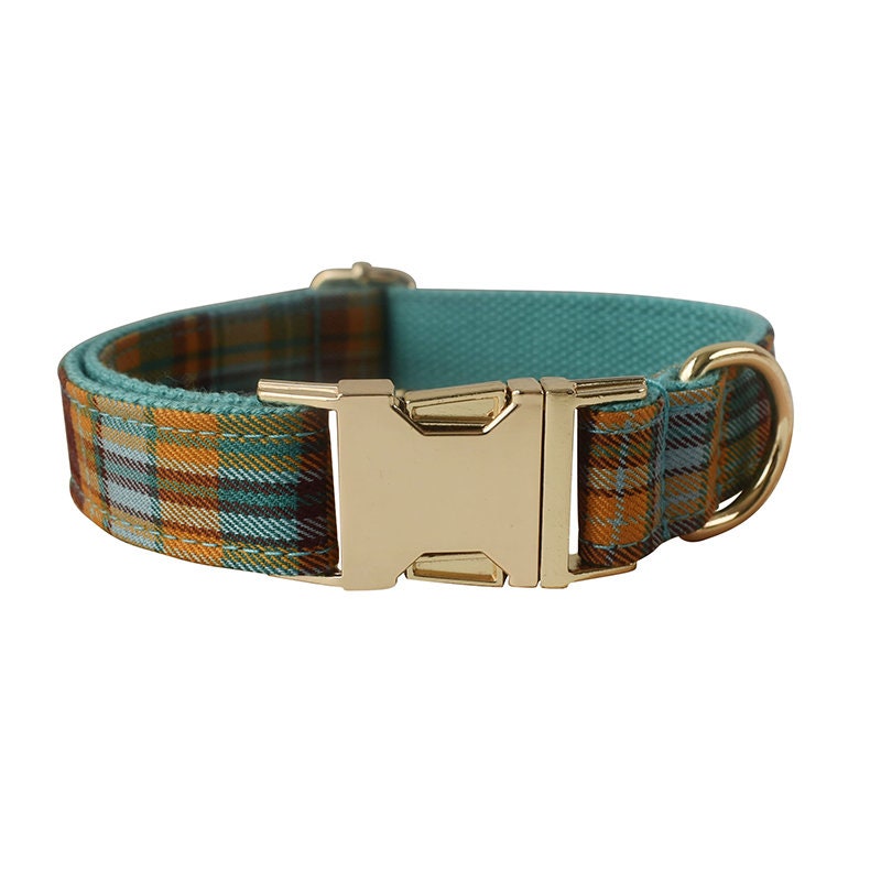 Green Tartan Dog Collar or Leash Set, Personalised Step-In Boy Dog Harness, custom Blue Plaid Collar with Removable Bowtie in Various Combo