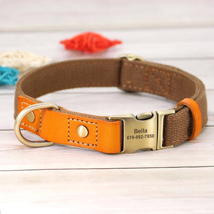 Leather Dog Collar Personalised Durable Nylon and Cow Leather Dog Collar with Custom Name Buckle