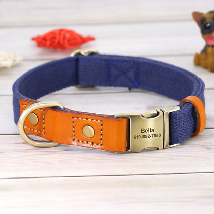 Leather Dog Collar Personalised Durable Nylon and Cow Leather Dog Collar with Custom Name Buckle