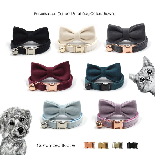 Cat Collar Gold with Bell Easyrelease Buckle, Personalised Velvet Puppy Kitten Collar in Blue, White, Gray, Black, Purple, Detachable Bowtie