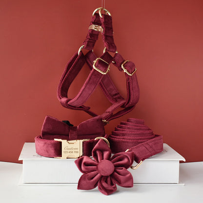 Personalised Thick Velvet Burgundy Dog Collar or Dog Collar and Lead Set