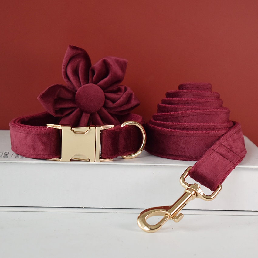 Personalised Thick Velvet Burgundy Dog Collar or Dog Collar and Lead Set