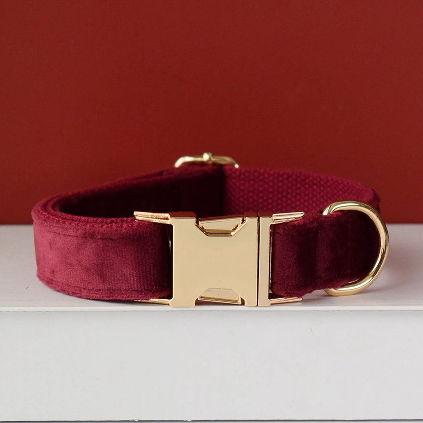 Personalised Thick Velvet Burgundy Dog Collar or Dog Collar and Lead Set