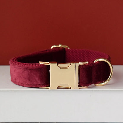 Personalised Thick Velvet Burgundy Dog Collar or Dog Collar and Lead Set