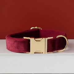 Personalized Engraved Handmade Thick Velvet Burgundy Dog Collar or Dog Collar and Lead Set, Matching Bowtie and Step In Harness Available