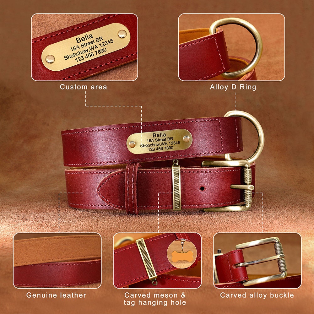 Upgraded Personalised Dog Collar Soft Brown Red Green Black Genuine Leather Dog collar with name plate