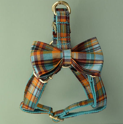 Green Tartan Dog Collar or Leash Set, Personalised Step-In Boy Dog Harness, custom Blue Plaid Collar with Removable Bowtie in Various Combo