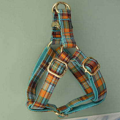 Green Tartan Dog Collar or Leash Set, Personalised Step-In Boy Dog Harness, custom Blue Plaid Collar with Removable Bowtie in Various Combo