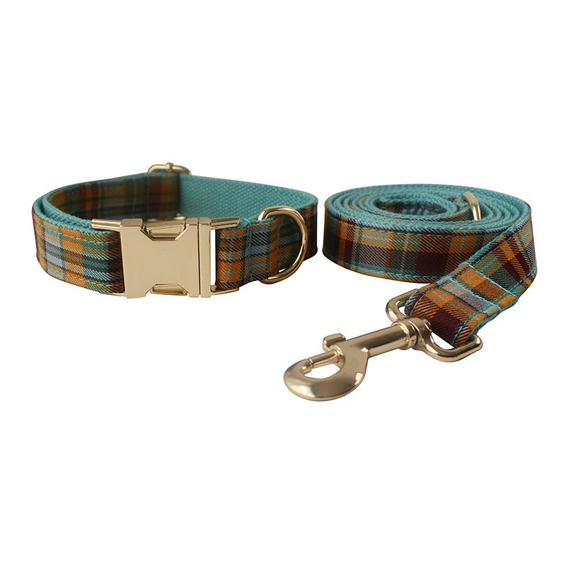 Green Tartan Dog Collar or Leash Set, Personalised Step-In Boy Dog Harness, custom Blue Plaid Collar with Removable Bowtie in Various Combo