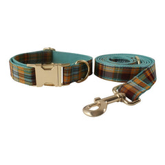 Green Tartan Dog Collar or Leash Set, Personalised Step-In Boy Dog Harness, custom Blue Plaid Collar with Removable Bowtie in Various Combo