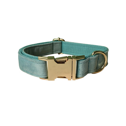 Personalised Aqua Thick Velvet Dog Collar or Dog Collar and Lead Set