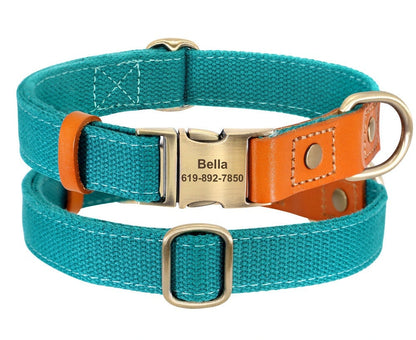 Leather Dog Collar Personalised Durable Nylon and Cow Leather Dog Collar with Custom Name Buckle
