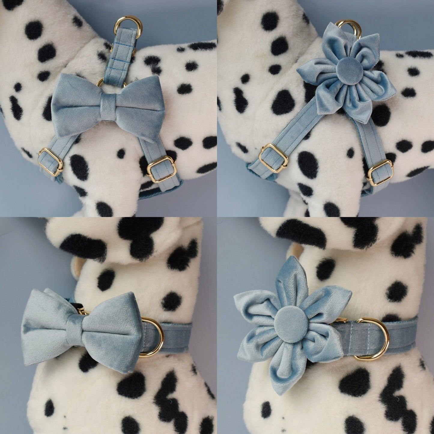 Customised Engraved Thick Velvet AIR FORCE BLUE Dog Collar Harness and Leash Set for Male Female Pet with Gold Buckle