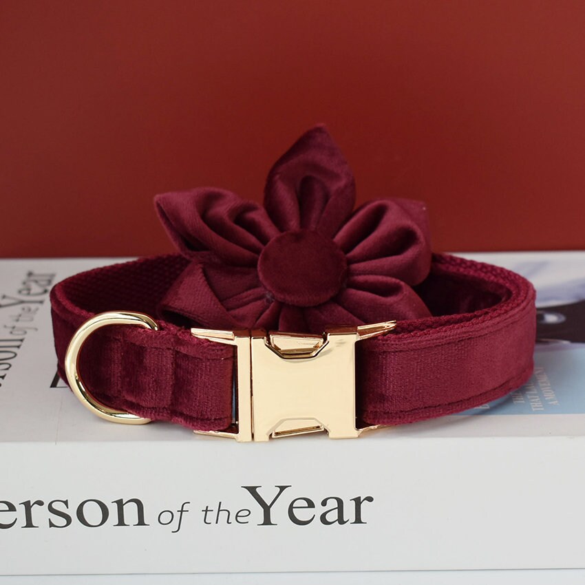 Personalised Thick Velvet Burgundy Dog Collar or Dog Collar and Lead Set