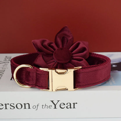 Personalised Thick Velvet Burgundy Dog Collar or Dog Collar and Lead Set