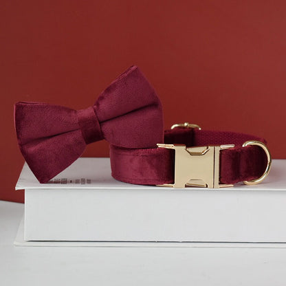 Personalised Thick Velvet Burgundy Dog Collar or Dog Collar and Lead Set