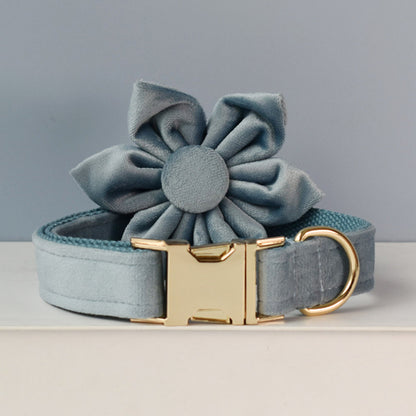 Customised Engraved Thick Velvet AIR FORCE BLUE Dog Collar Harness and Leash Set for Male Female Pet with Gold Buckle