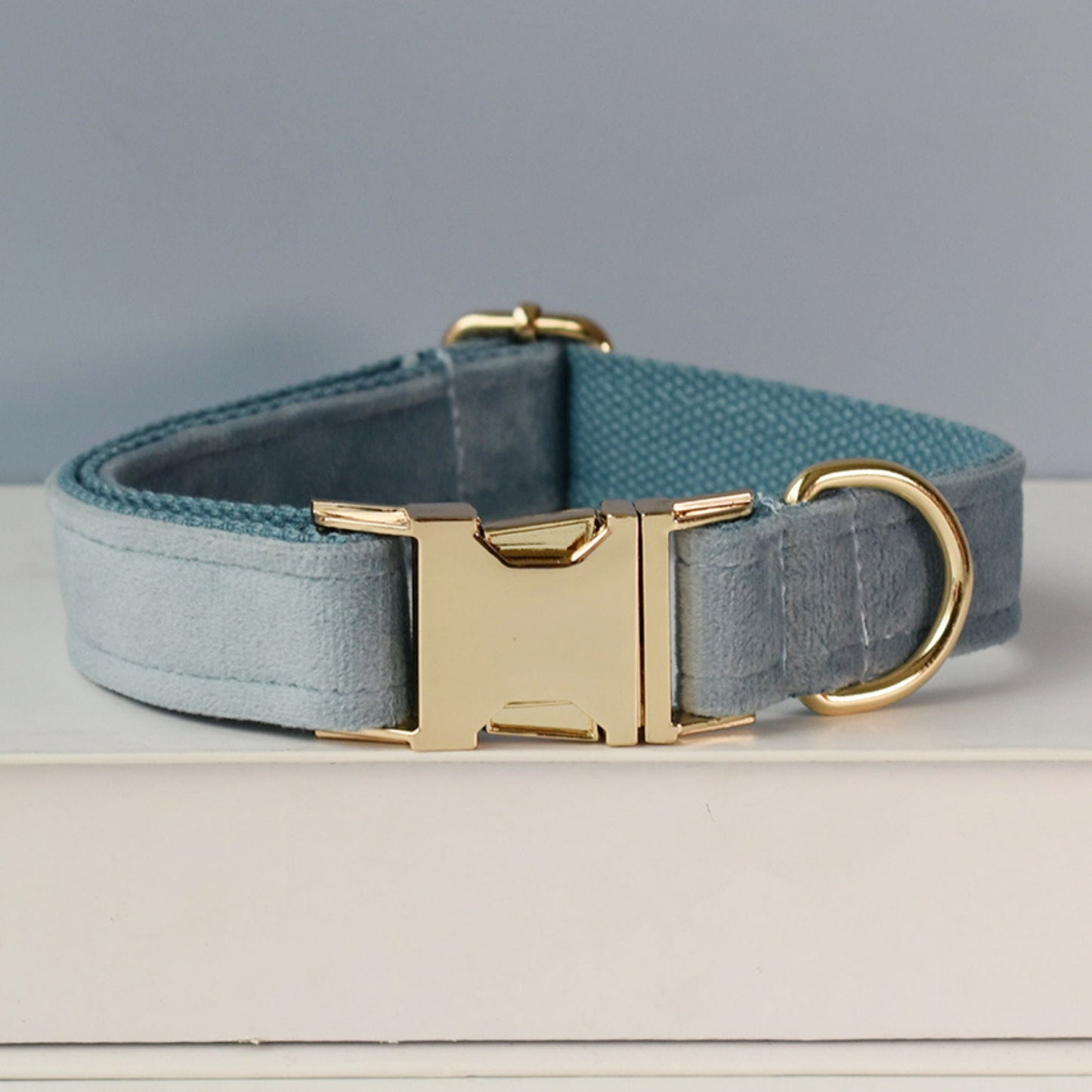 Customised Engraved Thick Velvet AIR FORCE BLUE Dog Collar Harness and Leash Set for Male Female Pet with Gold Buckle