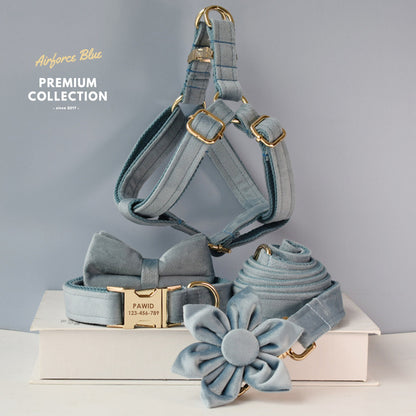 Customised Engraved Thick Velvet AIR FORCE BLUE Dog Collar Harness and Leash Set for Male Female Pet with Gold Buckle