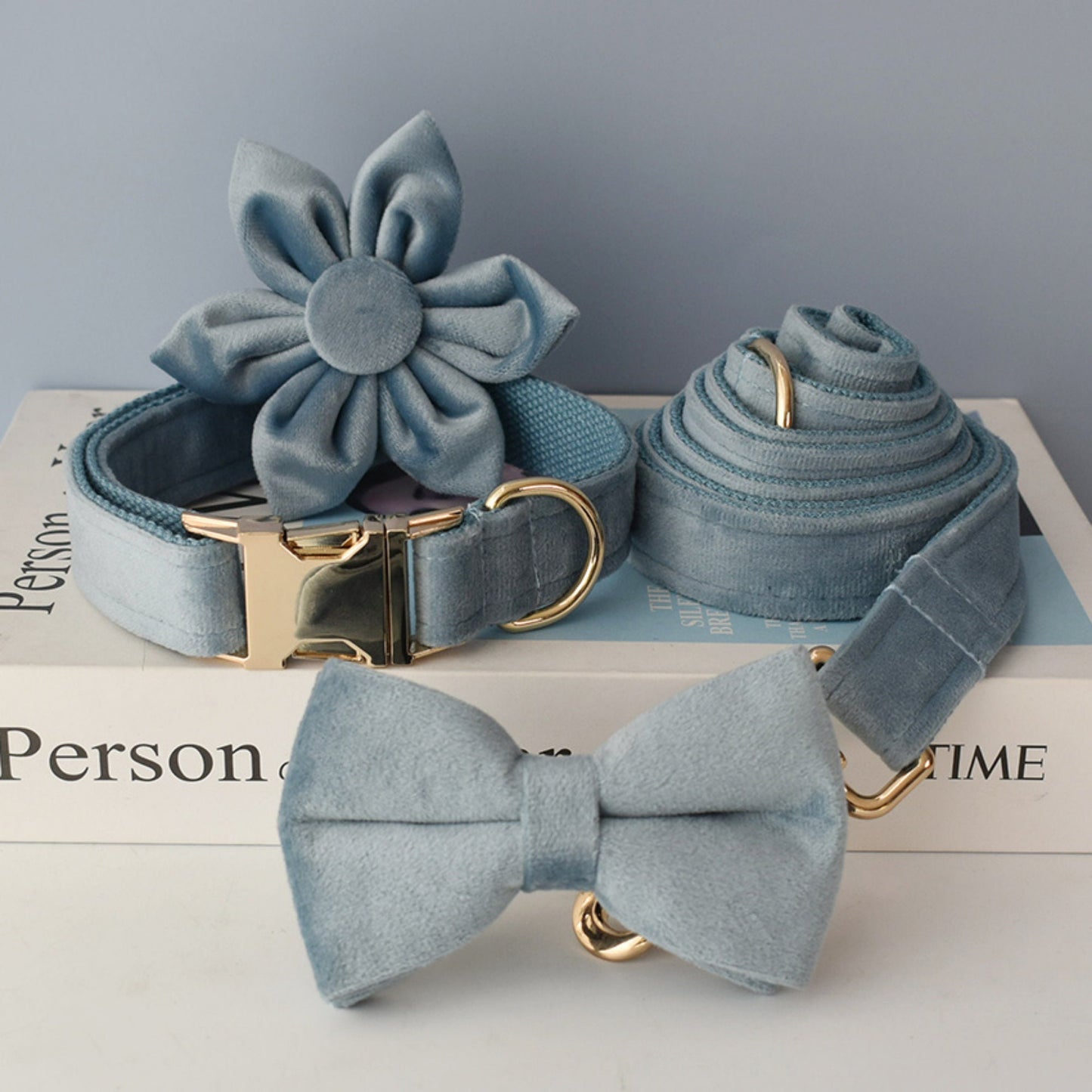Customised Engraved Thick Velvet AIR FORCE BLUE Dog Collar Harness and Leash Set for Male Female Pet with Gold Buckle