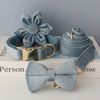 Customised Engraved Thick Velvet AIR FORCE BLUE Dog Collar Harness and Leash Set for Male Female Pet with Gold Buckle