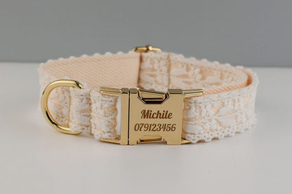 Personalised White Lace Wedding Dog Collar or Dog Lead Step-in Harness Set Trendy Style for Small to Extra Large Dogs