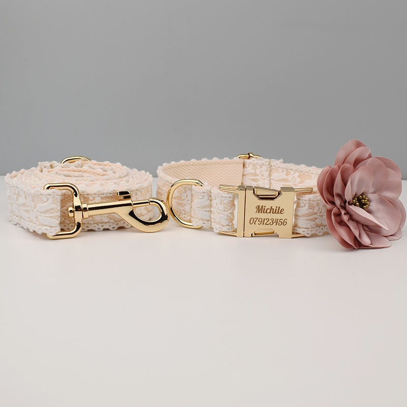 Personalised White Lace Wedding Dog Collar or Dog Lead Step-in Harness Set Trendy Style for Small to Extra Large Dogs