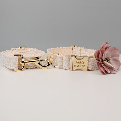Personalised White Lace Wedding Dog Collar or Dog Lead Step-in Harness Set Trendy Style for Small to Extra Large Dogs