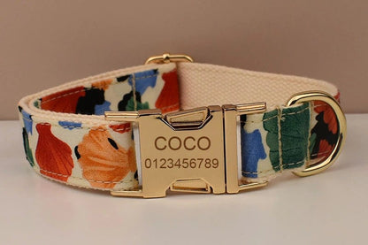 Personalised Dog Collar or Dog Lead Set, Matching Step-In Harness and Removable Bowtie in Ivory and Colorful Shell Prints Pattern