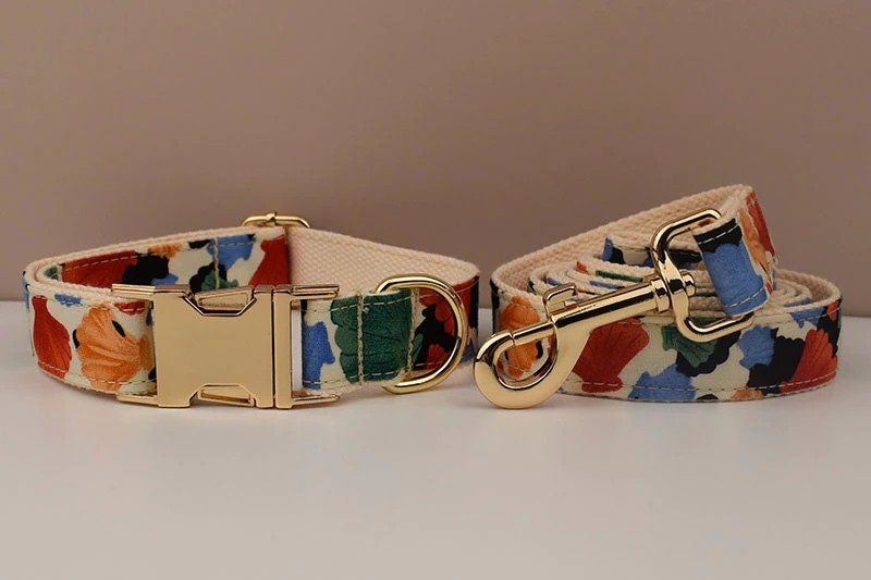 Personalised Dog Collar or Dog Lead Set, Matching Step-In Harness and Removable Bowtie in Ivory and Colorful Shell Prints Pattern
