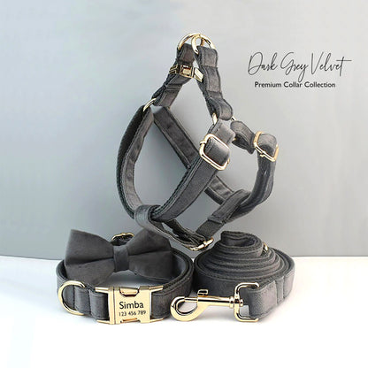 Personalised Dog Collar, Step in Harness, Lead, Bow in Gray Velvet, Customize with Name, Great for Wedding