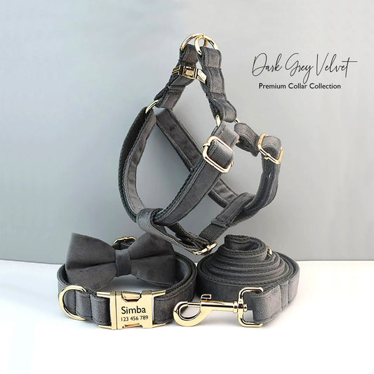 Personalised Dog Collar, Step in Harness, Lead, Bow in Gray Velvet, Customize with Name, Great for Wedding