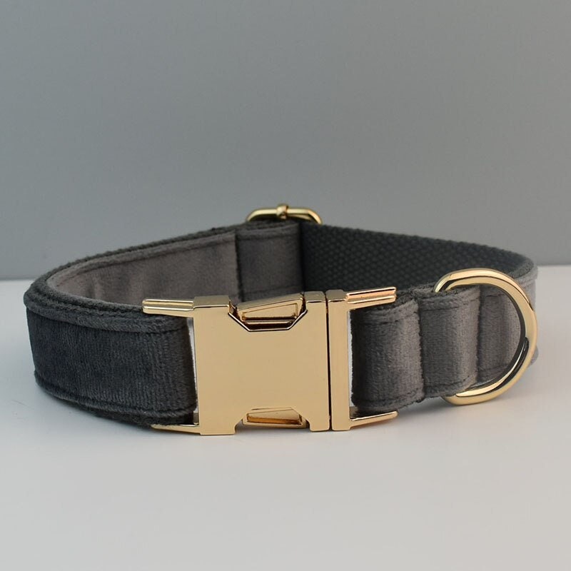 Personalised Dog Collar, Step in Harness, Lead, Bow in Gray Velvet, Customize with Name, Great for Wedding