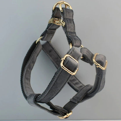 Personalised Dog Collar, Step in Harness, Lead, Bow in Gray Velvet, Customize with Name, Great for Wedding
