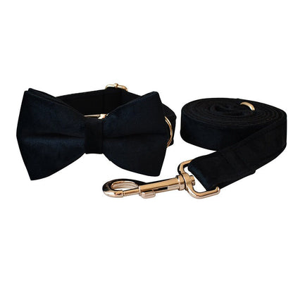 Personalised Dog Collar, Step in Harness, Lead, Bow, Flower in Black Velvet and Golden Metal Buckle, Customised with Name, for Wedding