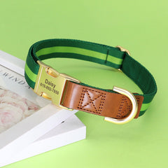 Personalized Dog Collar Leather Nylon in Brown, Pink, Green, Blue, Orange, Deep Blue and Colorful Stripe and Durable Design