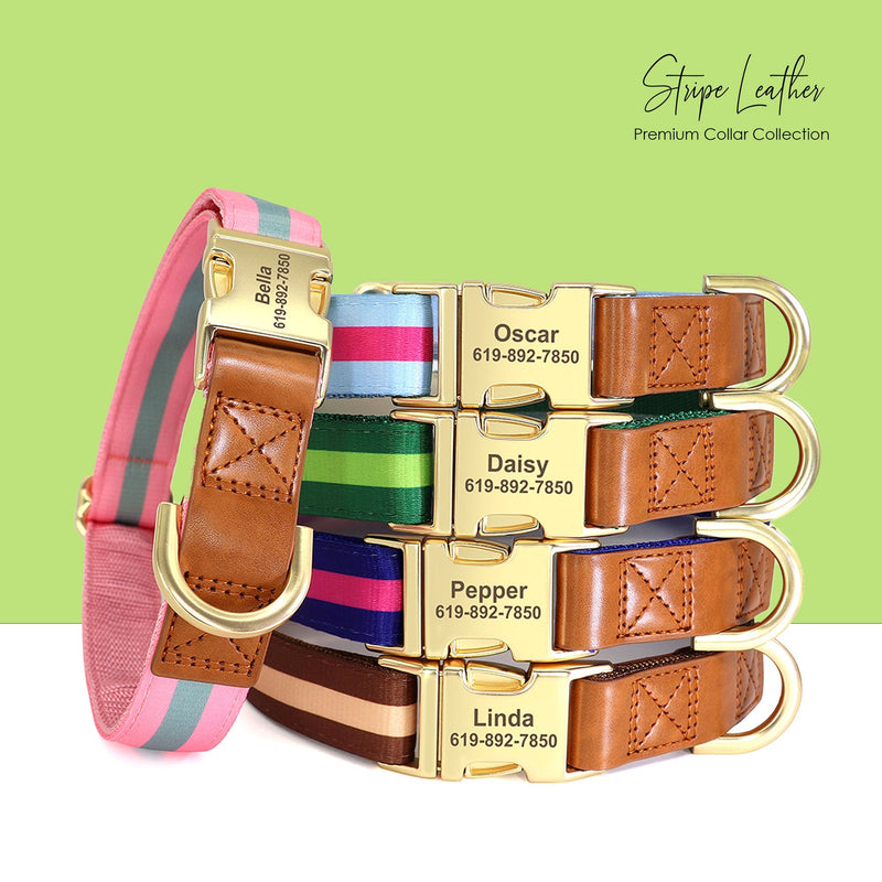Personalized Dog Collar Leather Nylon in Brown, Pink, Green, Blue, Orange, Deep Blue and Colorful Stripe and Durable Design