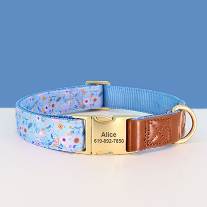 Personalised Leather Dog Collar in Brown and Pink, Green, Blue, Purple, Orange and Heart and Floral Pattern