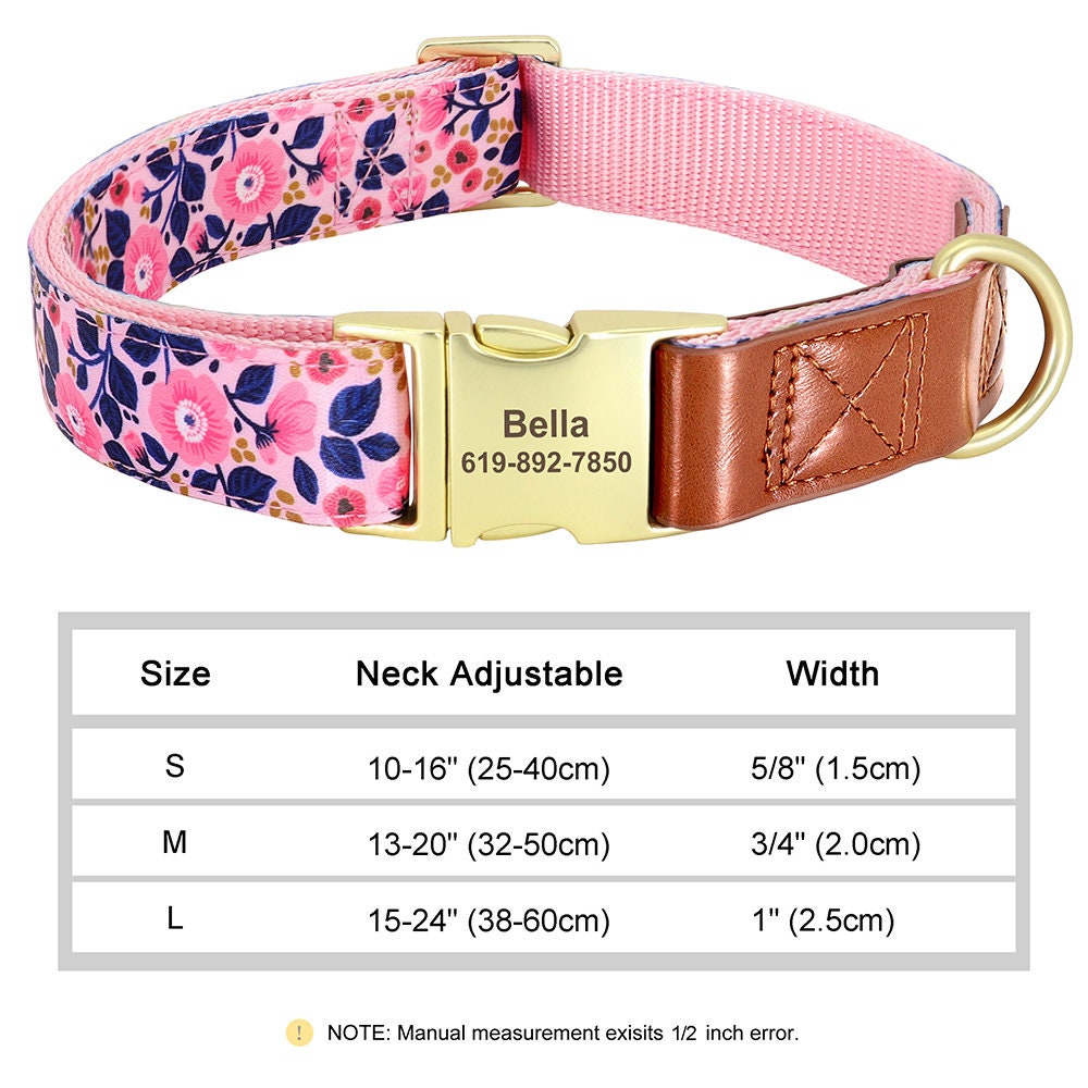 Personalised Leather Dog Collar in Brown and Pink, Green, Blue, Purple, Orange and Heart and Floral Pattern