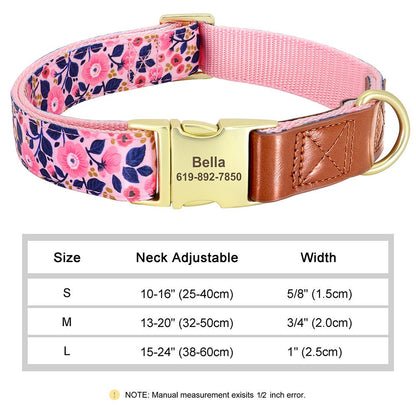 Personalised Leather Dog Collar in Brown and Pink, Green, Blue, Purple, Orange and Heart and Floral Pattern