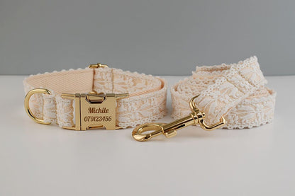 Personalised White Lace Wedding Dog Collar or Dog Lead Step-in Harness Set Trendy Style for Small to Extra Large Dogs