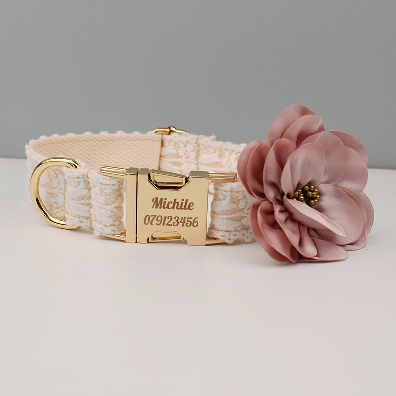 Personalised White Lace Wedding Dog Collar or Dog Lead Step-in Harness Set Trendy Style for Small to Extra Large Dogs