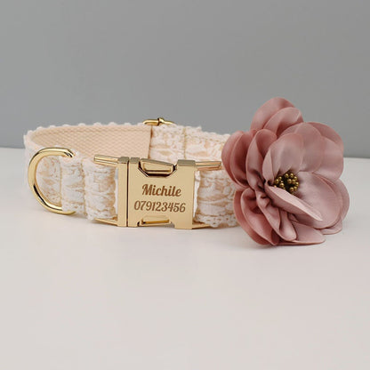 Personalised White Lace Wedding Dog Collar or Dog Lead Step-in Harness Set Trendy Style for Small to Extra Large Dogs