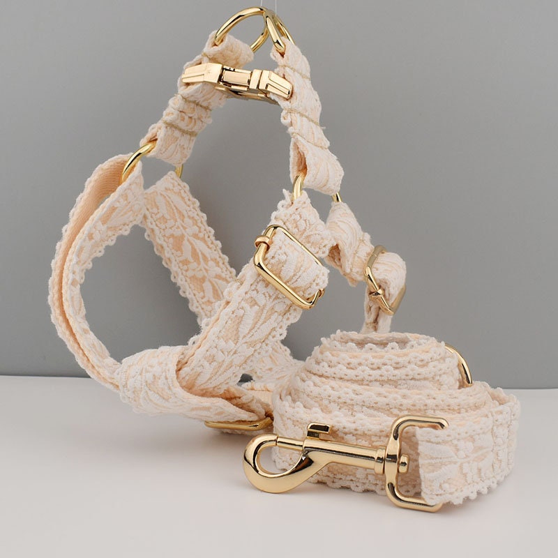 Personalised White Lace Wedding Dog Collar or Dog Lead Step-in Harness Set Trendy Style for Small to Extra Large Dogs
