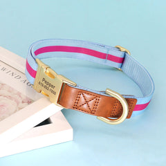 Personalized Dog Collar Leather Nylon in Brown, Pink, Green, Blue, Orange, Deep Blue and Colorful Stripe and Durable Design