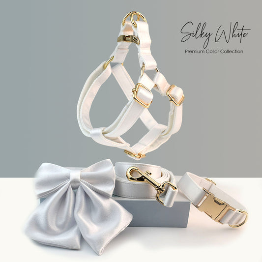 Personalised Wedding Dog Collar or Dog Lead Set, Matching Sailor Bowtie and Step-In Harness in Silky White
