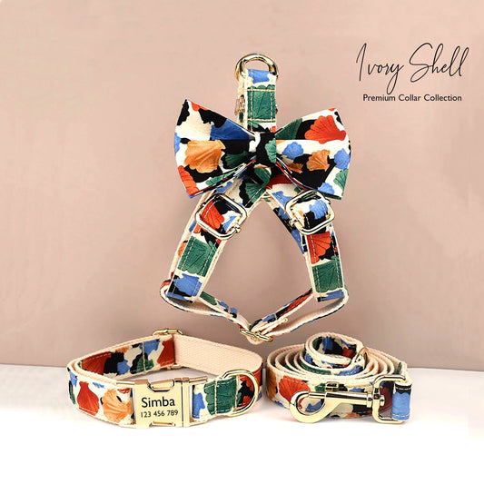 Personalised Dog Collar or Dog Lead Set, Matching Step-In Harness and Removable Bowtie in Ivory and Colorful Shell Prints Pattern