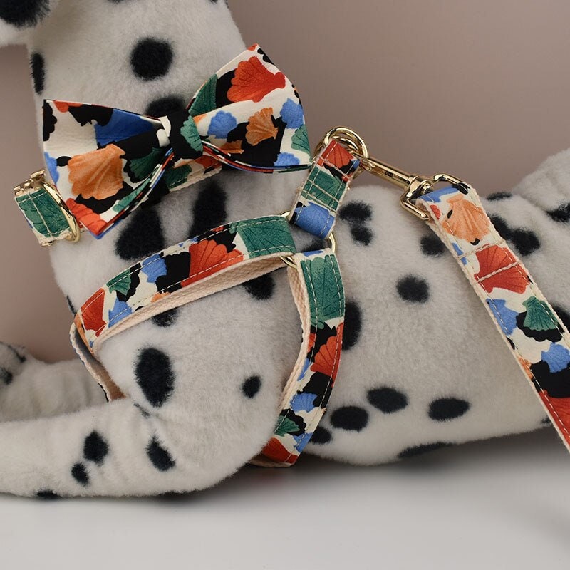 Personalised Dog Collar or Dog Lead Set, Matching Step-In Harness and Removable Bowtie in Ivory and Colorful Shell Prints Pattern